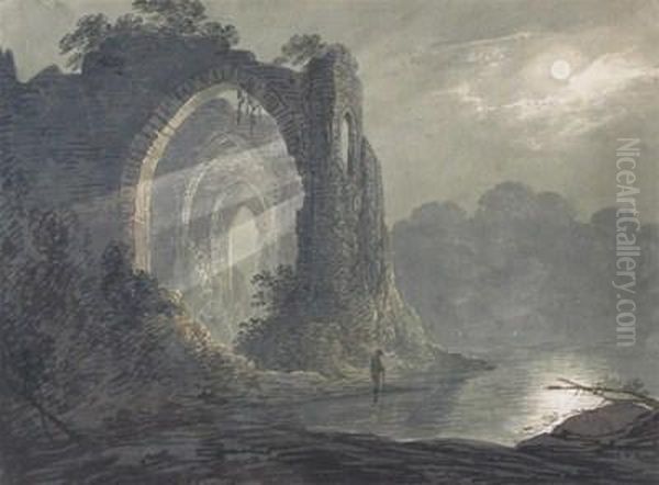 A Ruined Castle By Moonlight Oil Painting by William Payne