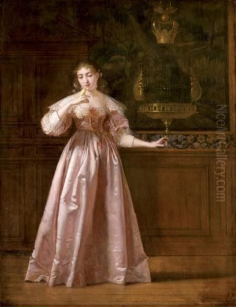 Jeune Femme Liberant Un Canari Oil Painting by Charles Francois Pecrus