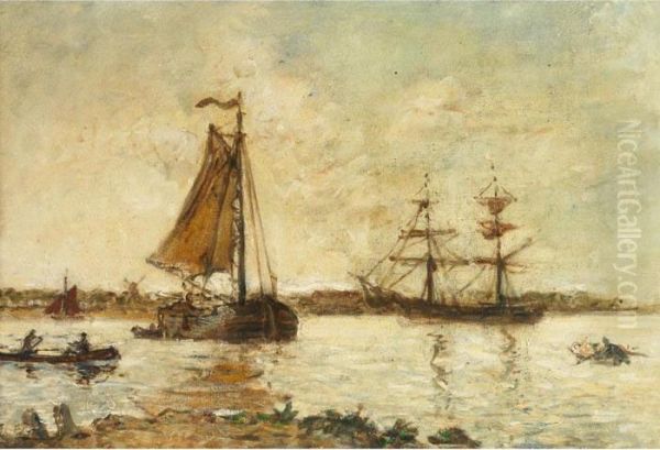 Ships In Harbour Near Honfleur Oil Painting by Charles Francois Pecrus