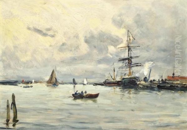 Bustling Activity In A Normandy Port Oil Painting by Charles Francois Pecrus