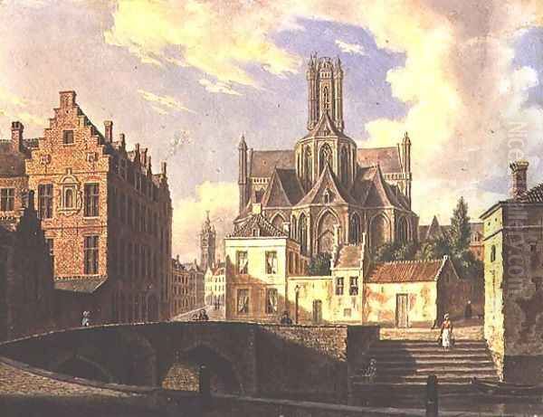 Town View with Figure fishing in a Canal Oil Painting by Augustus Wynantsz