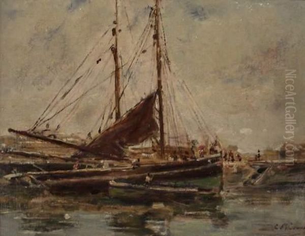 Bateaux Au Port Oil Painting by Charles Francois Pecrus