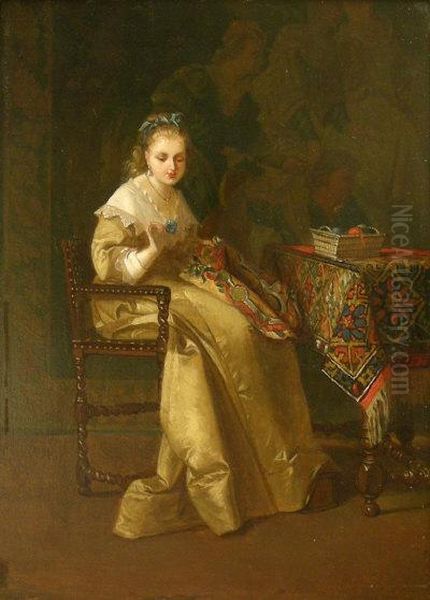 Young Woman With Her Embroidery Oil Painting by Charles Francois Pecrus