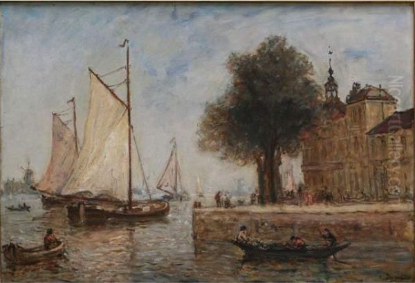 Voilier Sur Un Canal Oil Painting by Charles Francois Pecrus