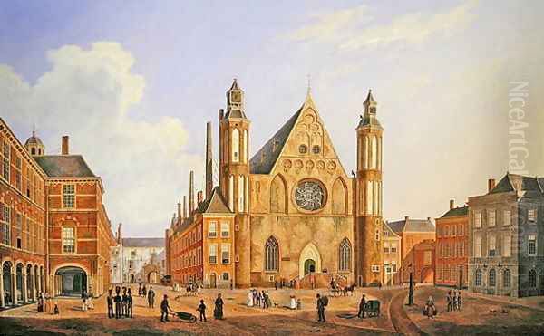 The Binnenhof in the Hague with a View of the Ridderzaal with Soldiers and other Figures in the Courtyard Oil Painting by Augustus Wynantsz