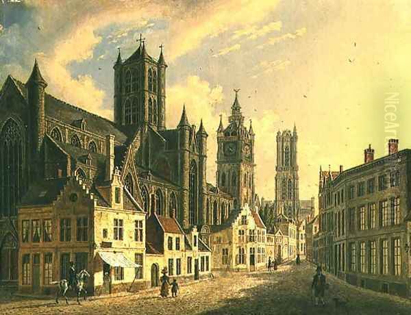 Town View with Figures on a Cobbled Street Oil Painting by Augustus Wynantsz