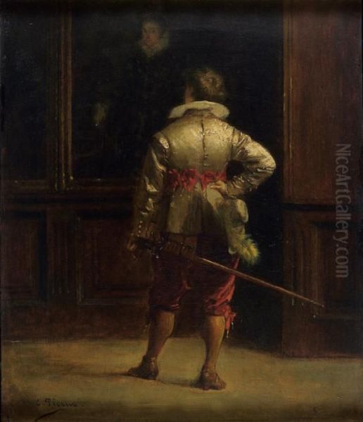 Gentilhomme Dans Une Galerie De Portraits. Oil Painting by Charles Francois Pecrus