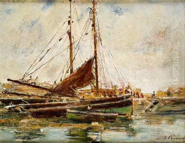 Voiliers Au Port, Circa 1880 Oil Painting by Charles Francois Pecrus