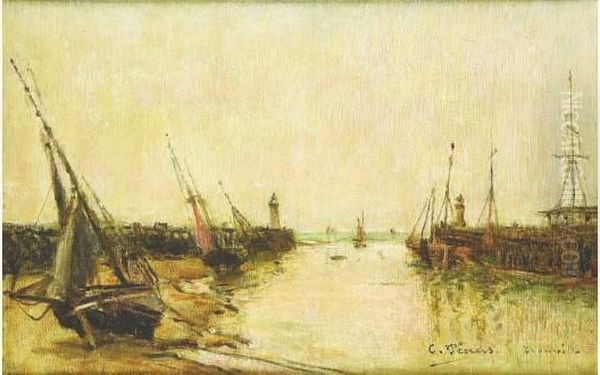 La Sortie Du Port De Trouville, Circa 1890 Oil Painting by Charles Francois Pecrus