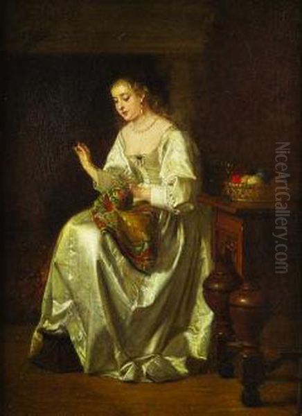 La Brodeuse, Circa 1860 Oil Painting by Charles Francois Pecrus