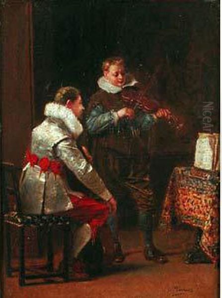 La Lecon De Violon Oil Painting by Charles Francois Pecrus