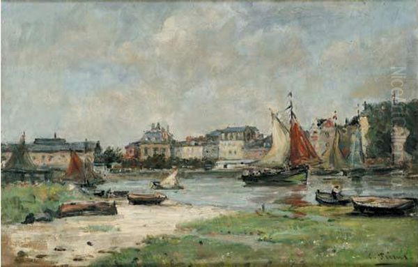 Le Port De Trouville, Circa 1885-1890 Oil Painting by Charles Francois Pecrus