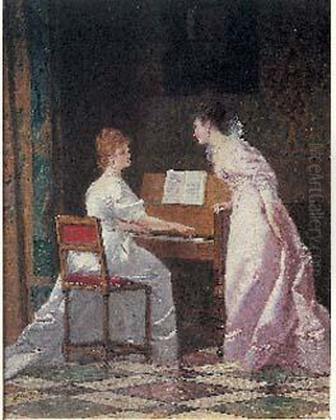 La Lecon De Piano Oil Painting by Charles Francois Pecrus