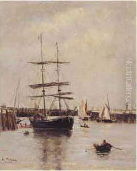 La Sortie De La Touques Entre Deauville Et Trouville, Vers 1885. Oil Painting by Charles Francois Pecrus