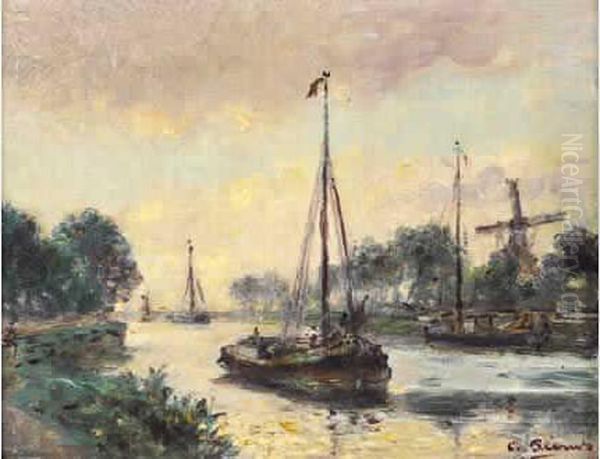 Les Chalants Sur La Riviere, En Hollande Oil Painting by Charles Francois Pecrus