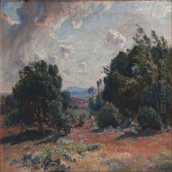 Windy Landscape With Trees, Presumably In Italy Oil Painting by Viggo Christian Frederick Pedersen