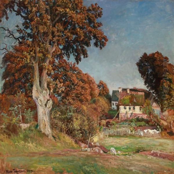 Karslberg. Bag Gaarden Ved Hillerod, Eftermiddag I Octbr. Oil Painting by Viggo Christian Frederick Pedersen