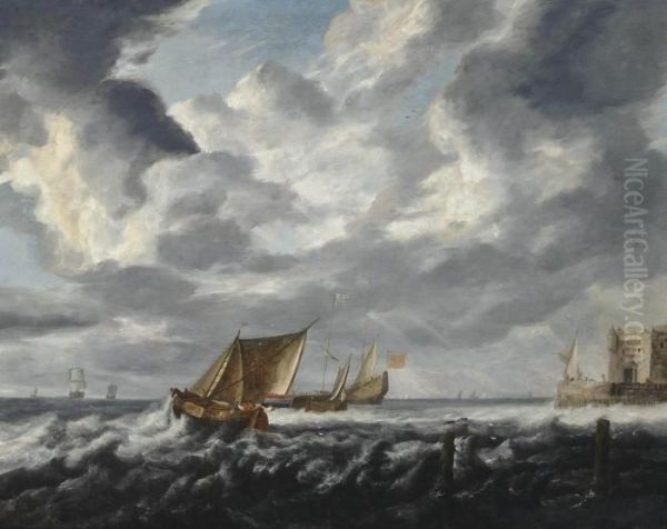 Peeters, The Elder An English Man-o'war At Anchor Off A Fortified Headland Surrounded Oil Painting by Bonaventura, the Elder Peeters