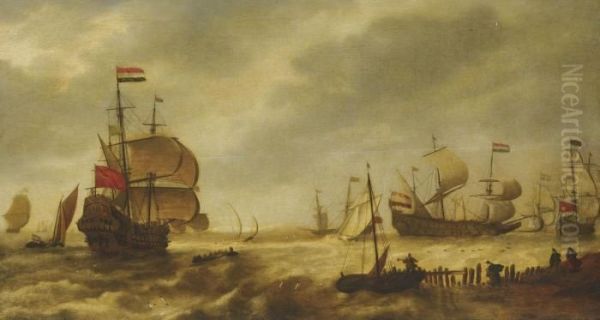 The Departing Dutch Fleet At The Mouth Of A Harbour Oil Painting by Bonaventura, the Elder Peeters