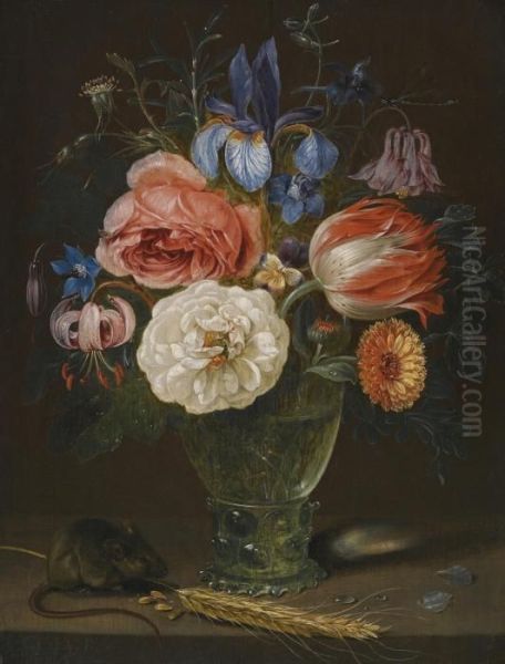 A Still Life Of Flowers In A Roemer With A Field Mouse And An Ear Of Wheat Oil Painting by Clara Peeters