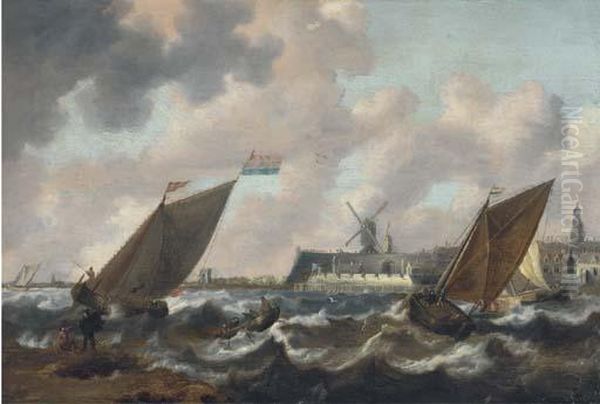 Shipping In Choppy Seas, A Town Beyond Oil Painting by Jan Peeters