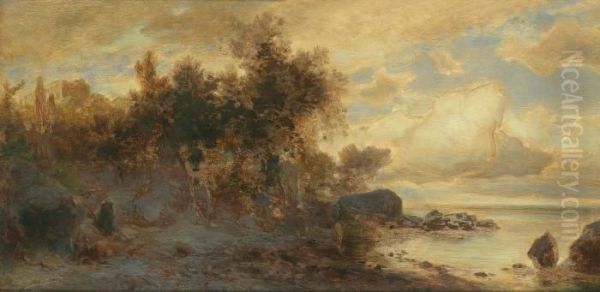 Coastal Landscape In The Evening Light Oil Painting by Eduard Peithner Von Lichtenfels