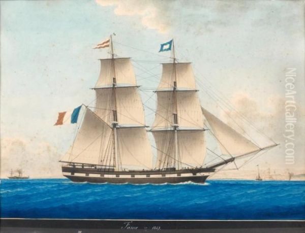 Vue De Travers, Tribord Armure 
Par Mer Calme De La Corvette <fame> Sous Voile, Se Dirigeant Vers Le 
Port Fortifie De Marseille Oil Painting by Joseph Honore Maxime Pellegrin