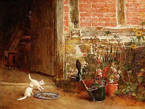 Two White Kittens in a Garden Oil Painting by Samuel Walker