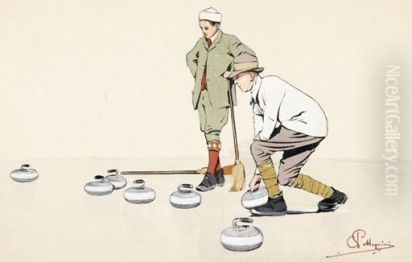 Zwei Herren Beim Curling Oil Painting by Carlo Pellegrini