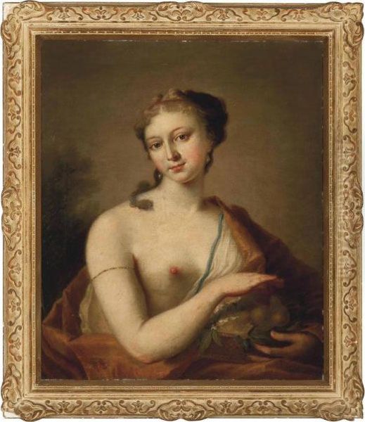 Portrait Of A Lady As Summer, 
Bust-length, Wearing An Orange Robe Over One Shoulder, Holding A Basket 
Of Fruit Oil Painting by Giovanni Antonio Pellegrini