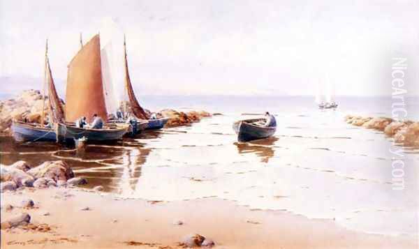 Landing the Catch (possibly Cemaes Bay, Anglessey) Oil Painting by Warren Williams