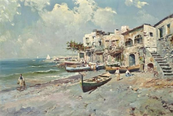 A Fishing Village On The Amalfi Coast Oil Painting by Tito Pellicciotti