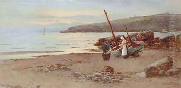 Evening shore scene with figures Oil Painting by Warren Williams