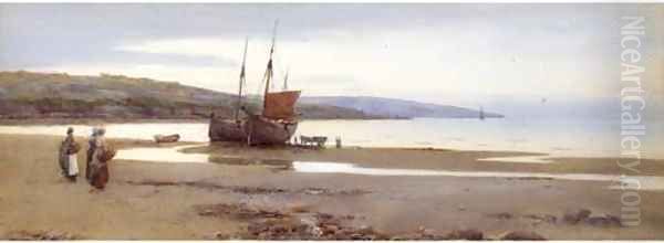 Figures and beached fishing vessels on a beach Oil Painting by Warren Williams