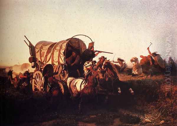 The Attack On The Emigrant Train Oil Painting by Charles Ferdinand Wimar