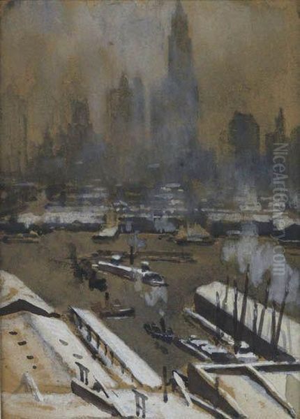 Lower Manhattan From Brooklyn Oil Painting by Joseph Pennell