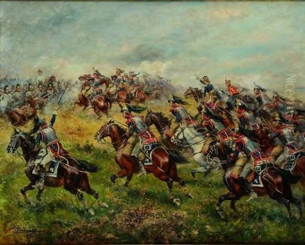 < La Charge De Wagram, 1er Regiment De Dragons >. Oil Painting by Paul Emile Leon Perboyre