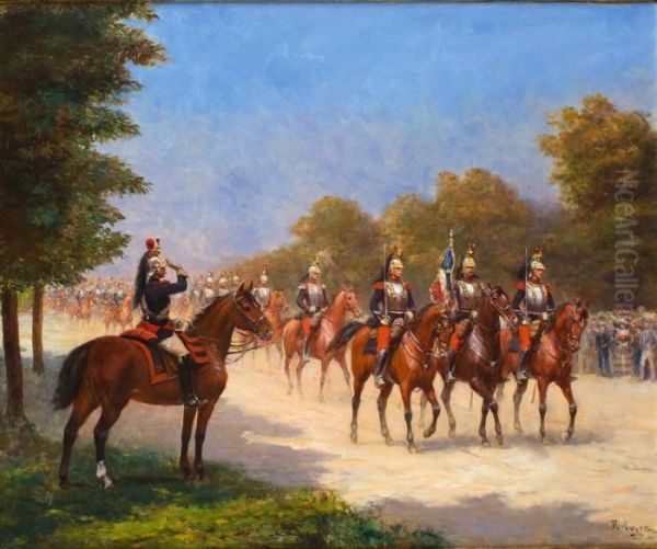 La Revue Du Regiment De Dragons A Cheval Oil Painting by Paul Emile Leon Perboyre