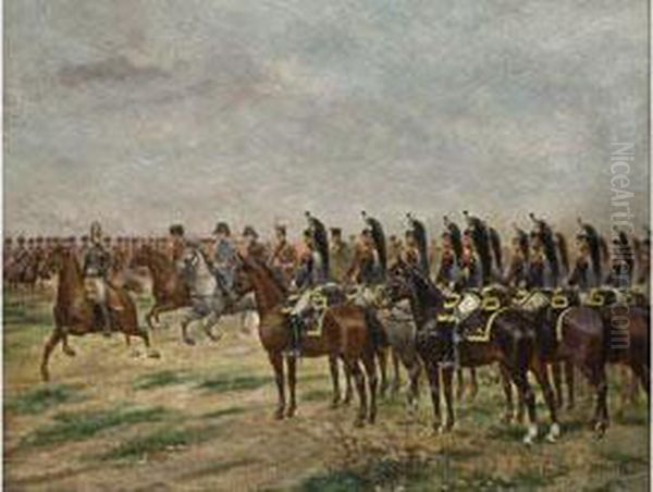 Spalier Der Franzosischen 
Kavallerie Beim Vorbeitritt Eines Generals Im Gefolge Von Hohem Militar 
Zu Pferde Oil Painting by Paul Emile Leon Perboyre