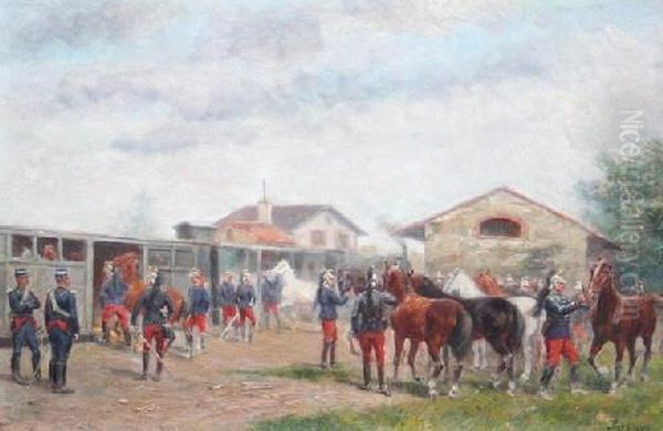 French Cuirassiers Boarding For Manuvers Oil Painting by Paul Emile Leon Perboyre