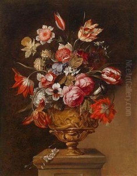 Einpaar Blumenstillleben In Skulptierten Steinvasen Oil Painting by Bartolome Perez