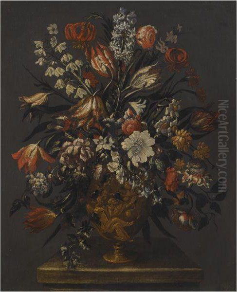 Two Still Lifes With Poppies, Lillies, Bluebells And Otherflowers Oil Painting by Bartolome Perez