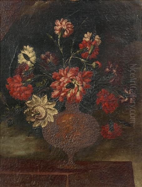 Carnations And Other Flowers In A Bronze Urn On A Table Top Oil Painting by Bartolome Perez