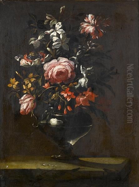 Roses, Carnations, Orange Blossom And Otherflowers In A Glass Vase On A Stone Ledge Oil Painting by Bartolome Perez