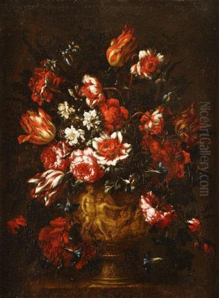 Flores En Un Jarron De Bronce Con Escena De Neptuno Yanfitrite Oil Painting by Bartolome Perez