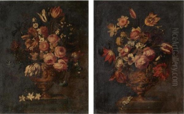 A Pair Of Still Lifes Of Various Flowers In Sculpted Urns, On Stone Plinths Oil Painting by Bartolome Perez