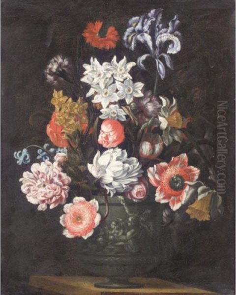 Still Life Of Various Flowers In An Urn Oil Painting by Bartolome Perez