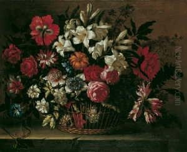 Ein Blumenarrangement In Einem Korb Auf Einer Steinplatte. Oil Painting by Bartolome Perez