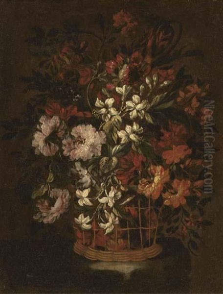 Carnations, Narcissi, Rhododendrons And Other Flowers In A Basket On A Ledge Oil Painting by Bartolome Perez