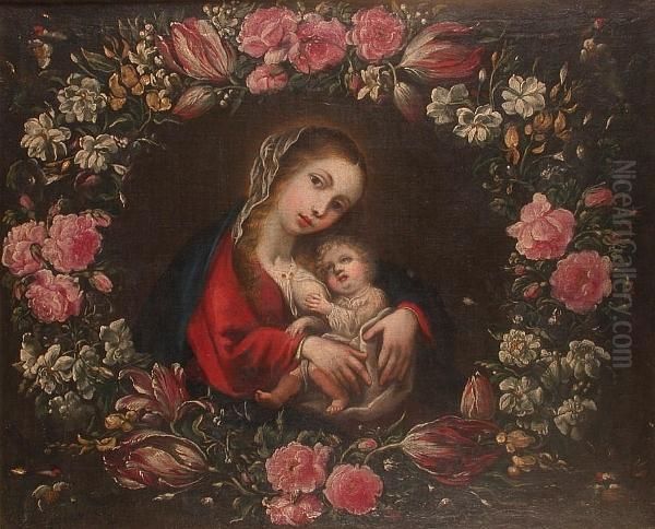 The Virgin And Child Surrounded By A Garland Of Flowers And Goldfinches Oil Painting by Bartolome Perez